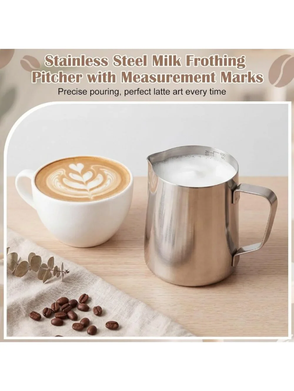 6 Pcs Stainless Steel Milk Frothing Pitchers - 20 oz Coffee Bar Tools, Silver